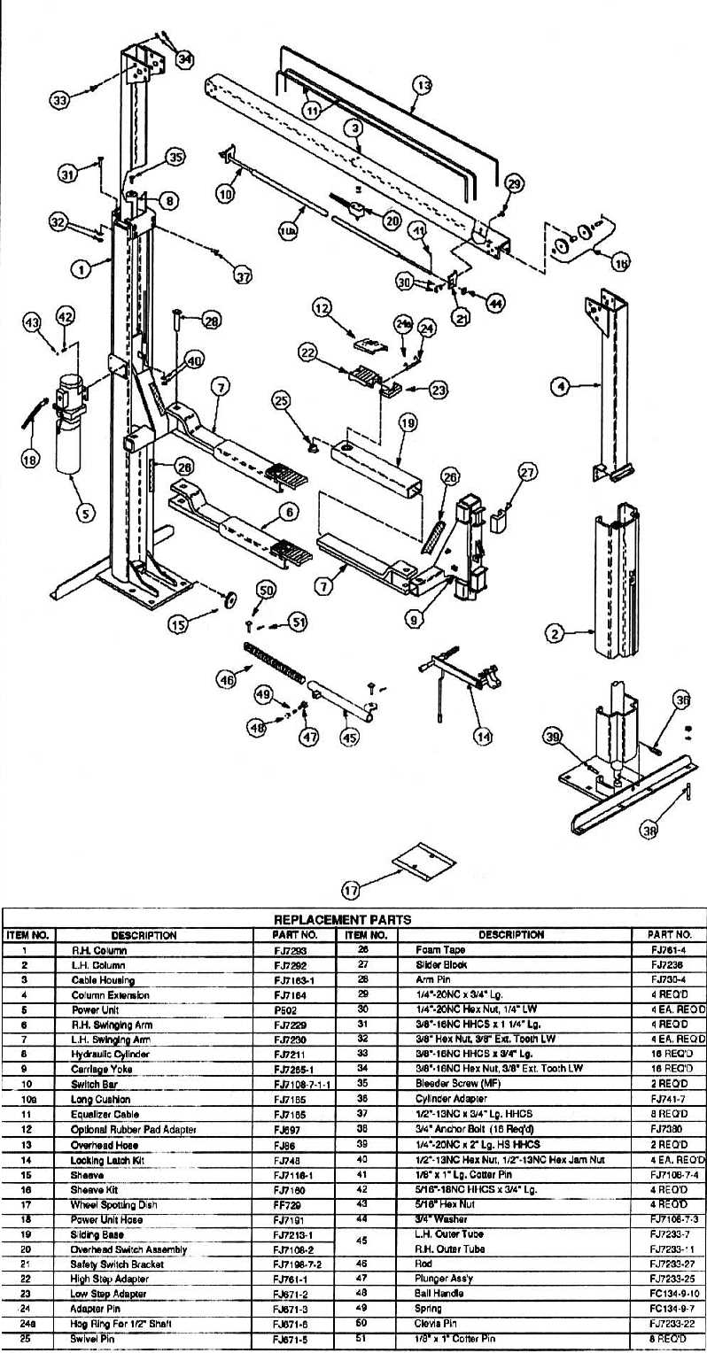 rotary 4 post lift parts diagram