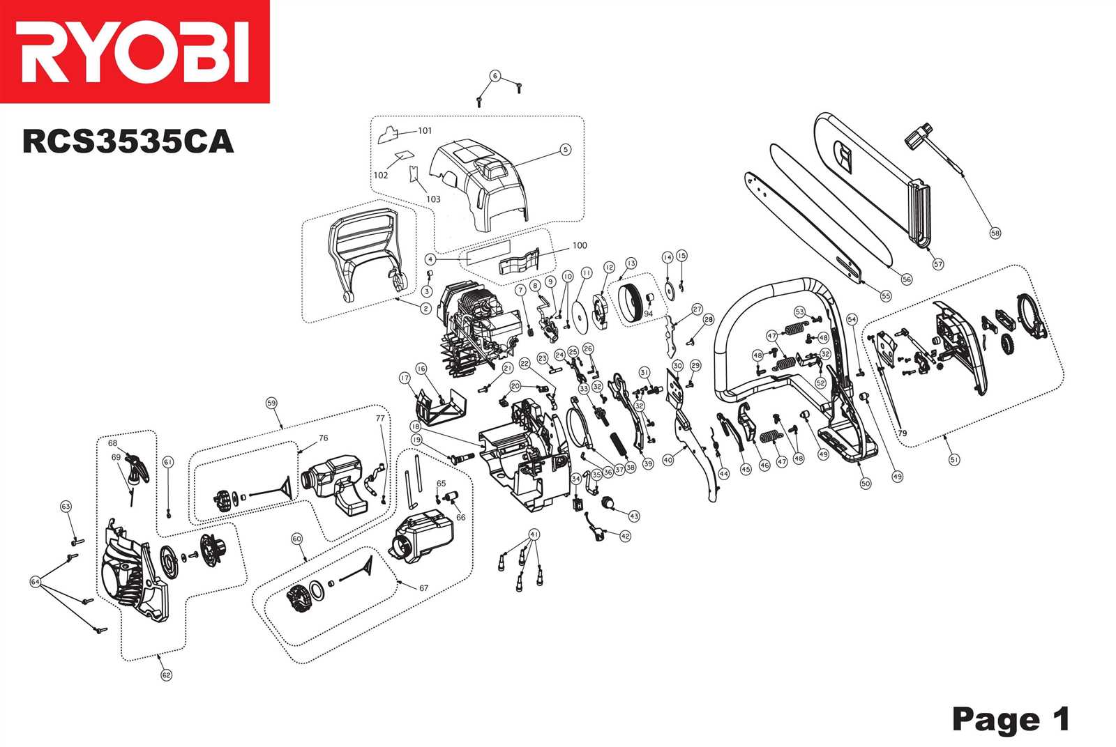 ryobi electric chainsaw parts diagram