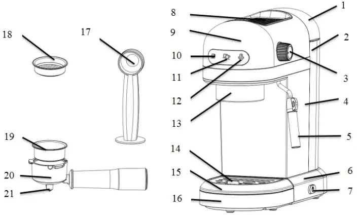 parts of espresso machine diagram