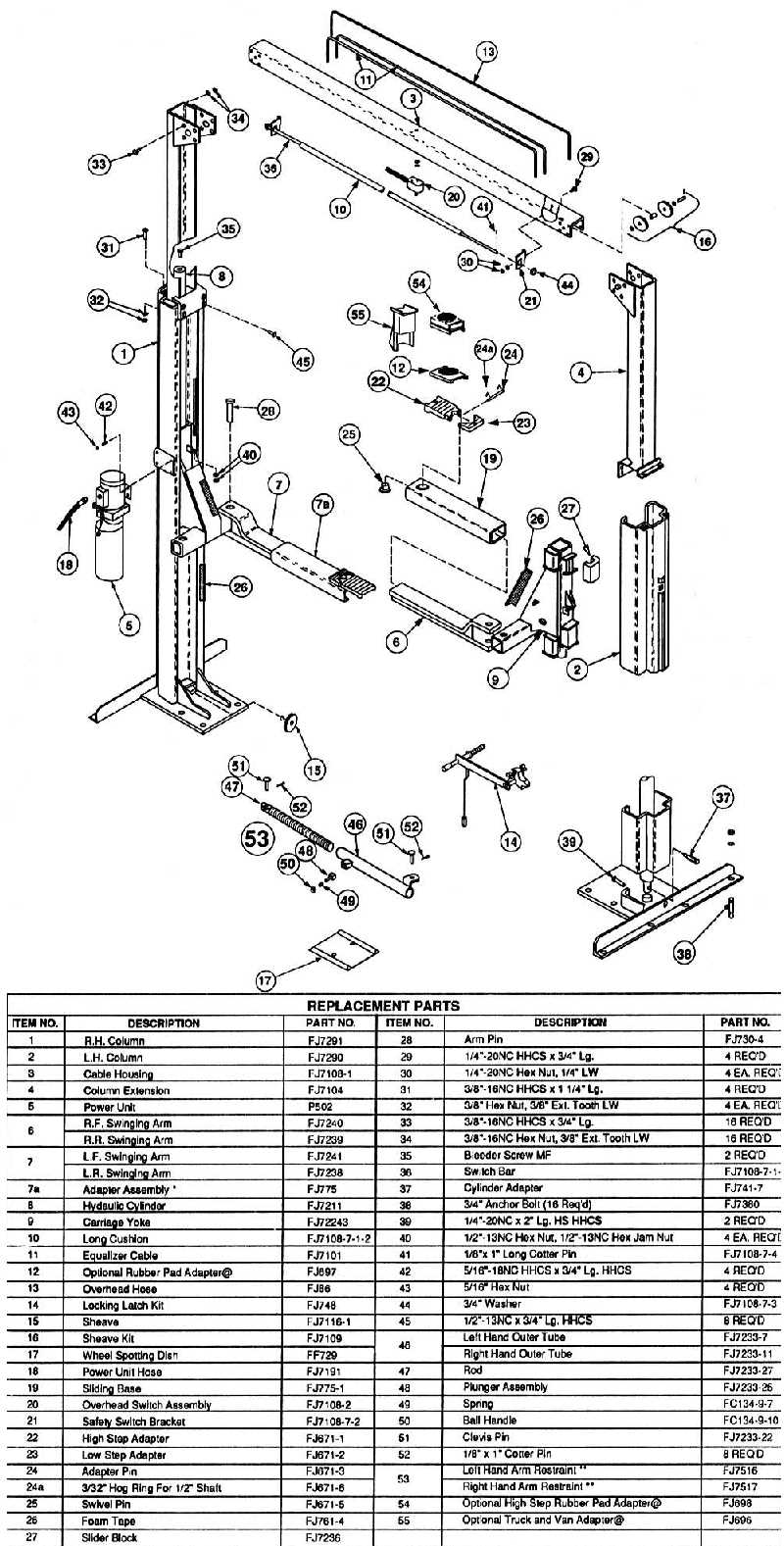 rotary 4 post lift parts diagram